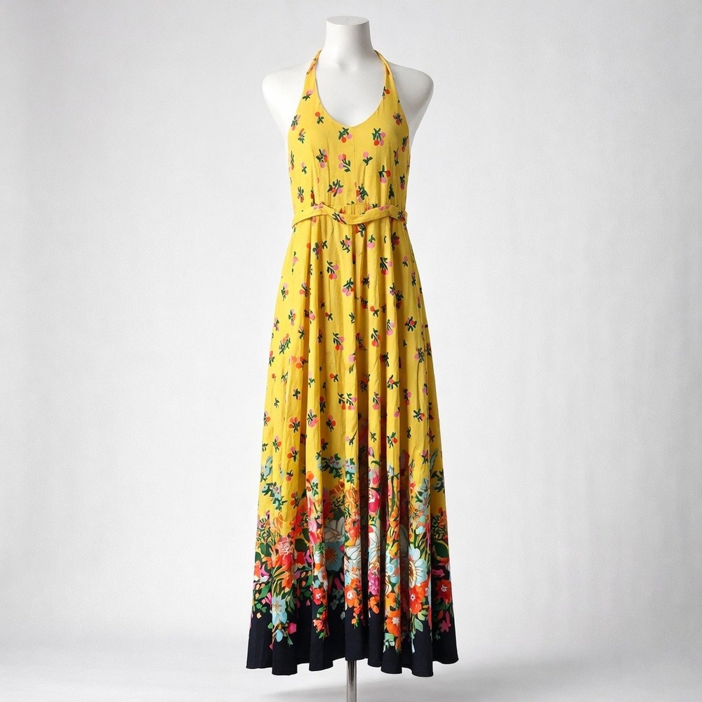 Vintage 70s Halter Maxi Dress Yellow Floral Cherry Print Belted Retro Summer XS